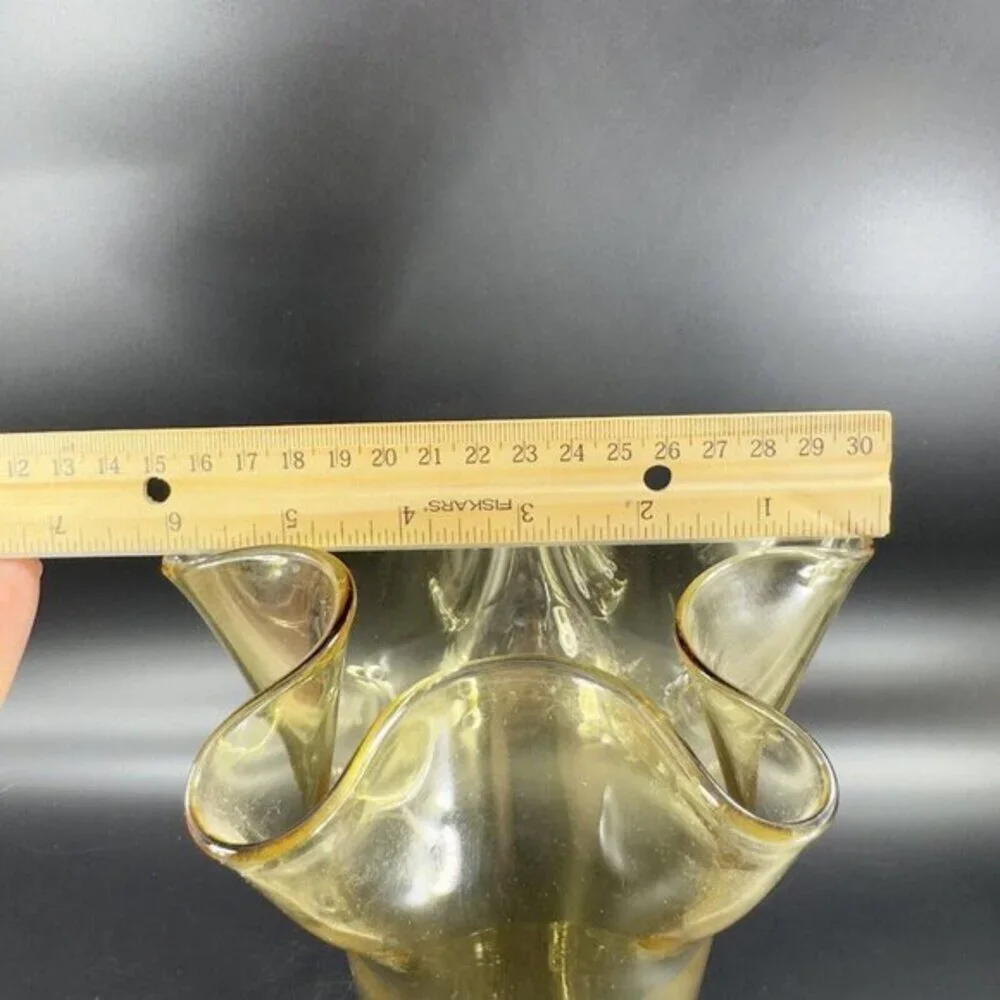 Mid Century Amber Art Glass Vase With Ruffled Top Edges‎ Hand Blown Glass Decor